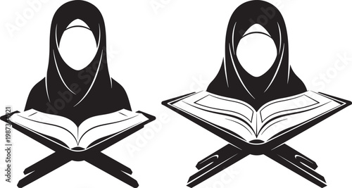 Two women in hijabs reading the quran with holy book black and white religion scripture devotion spiritual headscarf learning knowledge guidance tradition community tolerance dialogue