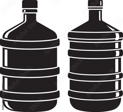 Two large water cooler bottles in black and white silhouette with drinking water pure water white background dispenser container beverage hydration refreshment wellness drinkable resource