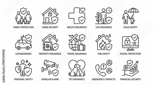 Collection of insurance icons representing various protection plans like family, home, health, life, car, travel, and financial security