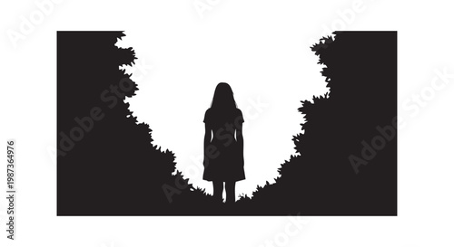 Woman standing alone between dark bushes looking forward back view silhouette person forest path vector illustration art.
