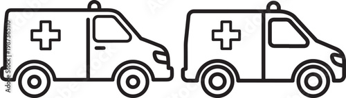 Outline of two ambulances with crosses line art vehicle icons line drawings ambulance transport emergency illustration response assistance hospital paramedics transportation minimalist