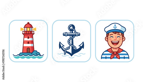 Nautical icons including lighthouse anchor sailor.
