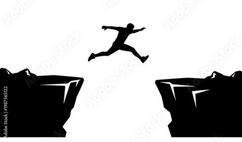 Silhouette of person jumping across cliff gap symbolizing risk courage and success vector illustration