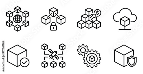 Blockchain technology outline icons depicting distributed ledger and decentralized network concepts