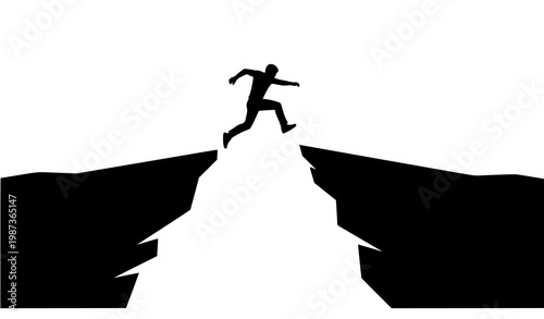 Dynamic silhouette of person leaping between cliffs representing ambition and overcoming obstacles vector