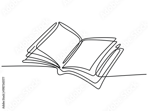 Artistic continuous line drawing of an open book with pages gently turning to reveal blank pages on a clean white background symbolizing knowledge and creativity