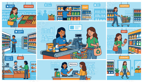 People shopping and checking out at a supermarket.