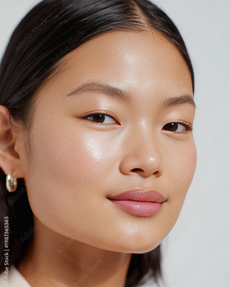Obraz premium Close up portrait of a Korean woman with smooth skin and natural makeup, wearing hoop earrings, against a light neutral background highlighting her facial features