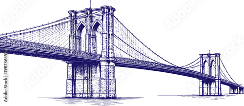 Quadro su tela Brooklyn Bridge Hand Drawn Line Art Sketch, New York City Landmark Illustration,