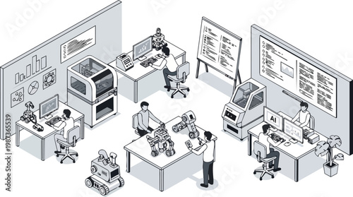 Isometric Robotics Laboratory Workspace with Engineers Developing Artificial Intelligence, 3D Printing, and Autonomous Robots in a Modern Research Facility