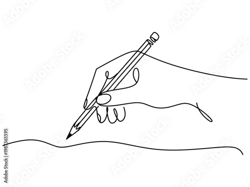 Continuous line drawing of a delicate human hand gracefully holding a sharpened pencil actively creating flowing lines on a white surface representing creativity and artistic expression