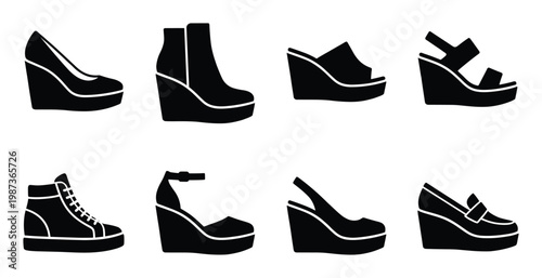 Collection of wedge heel shoes and sneakers silhouettes featuring various designs and heights icons