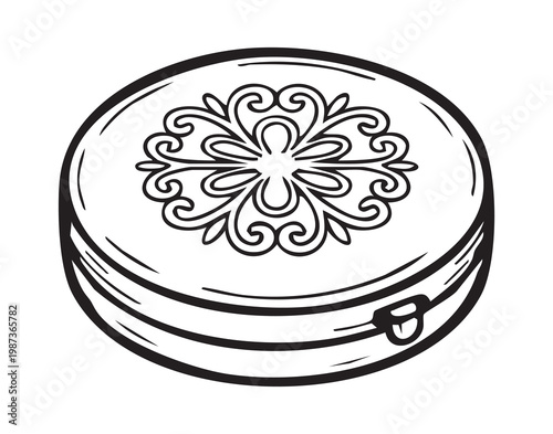 Decorative jewelry container. Elegant patterned jewelry holder. Ornate round case with intricate design features. Stylish circular jewelry box showcasing detailed craftsmanship and charm