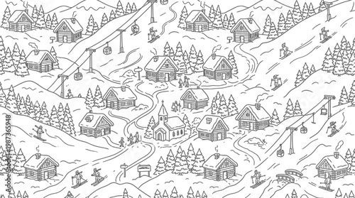 Seamless Pattern of Winter Landscape with Houses, Skiers, Mountains and Trees, isolated white background
