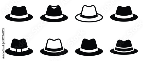 Fedora hat silhouette collection stylish male headwear set vector design on transparent background
