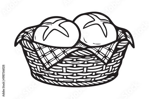 Woven basket with two sourdough loaves, rustic golden crusts, wheat grains, textured weave, natural lighting on wooden surface, closeup highlighting crust detail and farmhouse market atmosphere