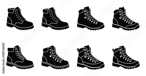 Hiking boots collection black silhouettes of outdoor footwear and mountaineering shoes isolated set