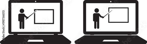 Two black silhouette laptops showing presenters with presentation screen online education business technology digital communication remote work presentation computer business technology