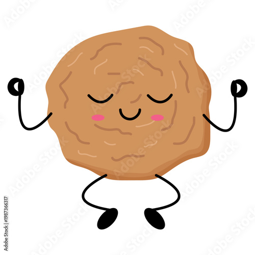 Cute cookie character relaxes with closed eyes. Smokey brown texture adds charm and warmth. Simple black limbs suggest playful motion. Soft pink cheeks hint at calm contentment