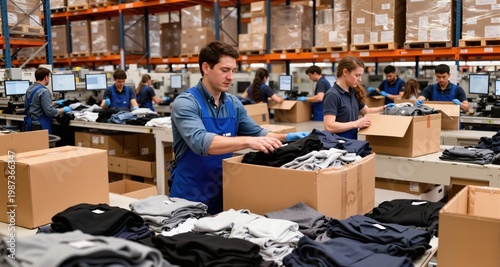 Warehouse worker packing clothes, busy background, order fulfillment
