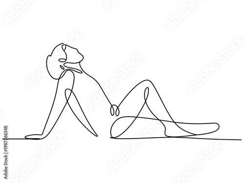 Continuous single line drawing of a woman reclining gracefully with her head tilted back and eyes closed in a serene pose depicting relaxation and contemplation