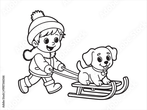 Cute little boy pulling puppy on sled in winter, kids cartoon line art vector illustration