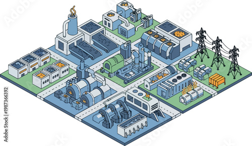 Isometric Industrial Factory and Energy Power Plant Infrastructure Illustration