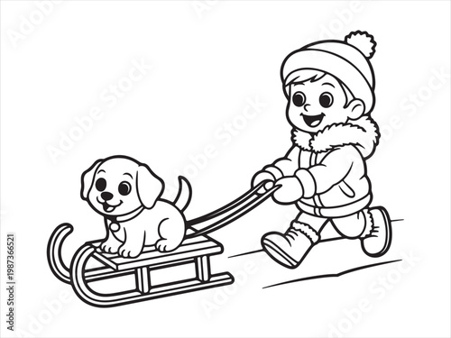 Cute little boy pulling puppy on sled in winter, kids cartoon line art vector illustration