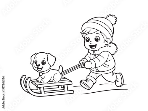 Cute little boy pulling puppy on sled in winter, kids cartoon line art vector illustration