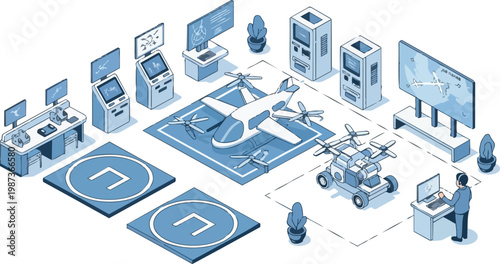Futuristic eVTOL Aircraft and Drone Control Center Isometric Illustration - Urban Air Mobility and Advanced Aviation Logistics Technology Concept