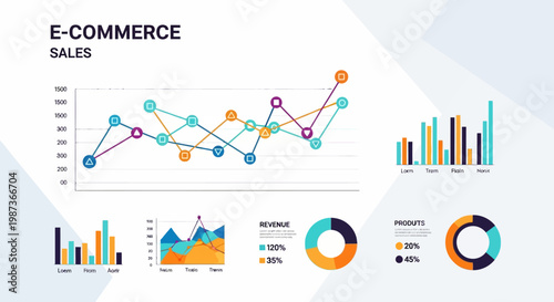 E-commerce sales data visualization, infographic elements, business analytics graphs, colorful charts and diagrams