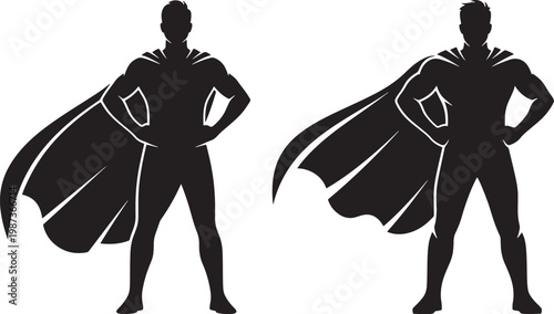 Superhero silhouette with cape flowing heroic stance superhero silhouette strength illustration character masculine minimalist powerful confident abstract superpower champion