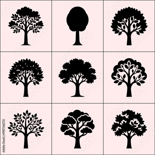 Collection of nine distinct tree silhouettes arranged in a grid formation on a light pink canvas with subtle black separators