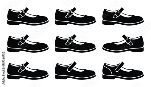 Nine black Mary Jane shoes with buckle for children, classic school footwear on transparent background