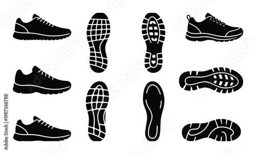 Running shoes and footprint collection sneakers silhouettes and sole texture patterns set for sport