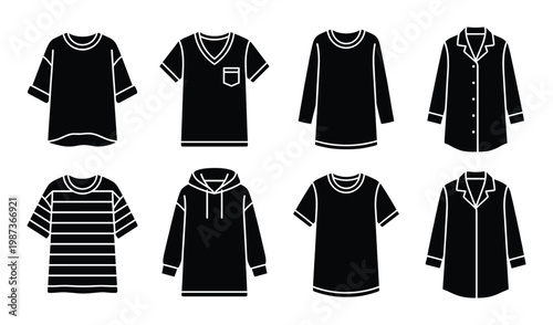 Set of black and white silhouettes of various casual shirts and sleepwear tops