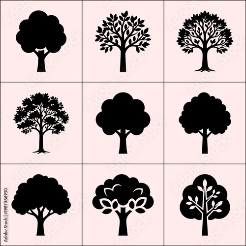 Harmonious grid of tree silhouettes showcasing diverse forms from simple crowns to intricate leafy branches on pink