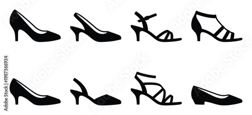 Selection of low and mid heel women shoes silhouettes including pumps and strappy sandals graphics