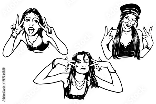 Pin Up Girls Showing Peace or Victory Hand Sign. Black and white vector cliparts.