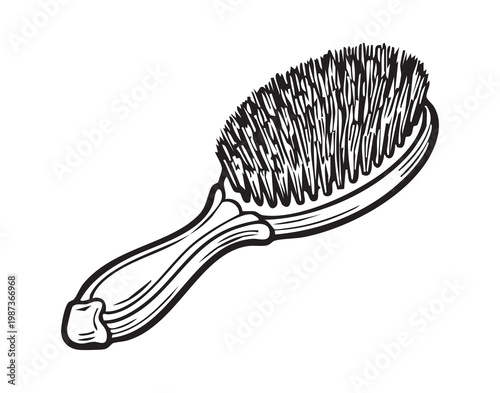 Hairbrush with natural bristles resting on white background, wooden handle line art style, detailed bristle texture and shadow contrast, evokes calm morning routine and selfcare, suitable for beauty,