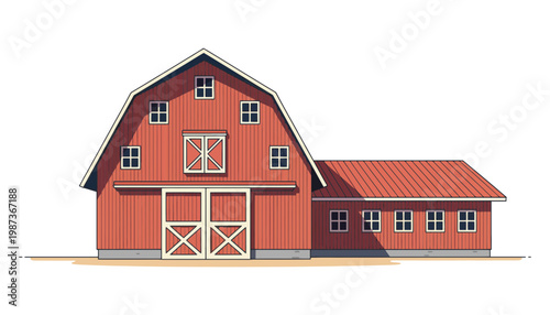 A red barn house illustration with a large garage and small extension