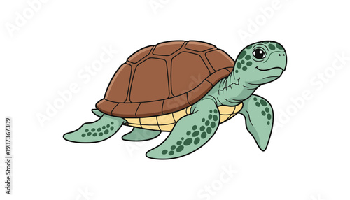 A turtle cartoon illustration with a brown shell and green flippers