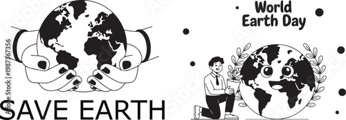 Minimalist graphic icons depicting hands holding planet earth for world environmental conservation and awareness celebration events