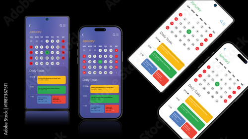 Smartphone Calendar App UI Mockup. Mobile Schedule Planner Interface with Daily Tasks, Event Management and Productivity App Design