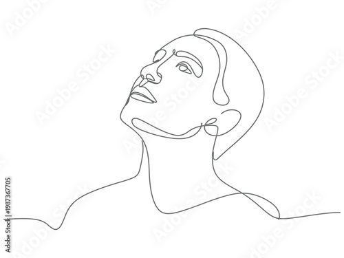 Minimalist continuous line art drawing of a young man looking upwards with intense concentration and contemplation captured in a single graceful stroke