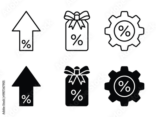 Discount and offer symbols including percentage arrows sale tags and promotional settings icons with e commerce discount percentage promotion marketing configuration business shopping commerce
