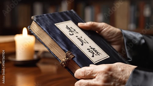 Vintage Stitched Manuscript of Traditional Asian Wisdom in Warm Ambient Light
