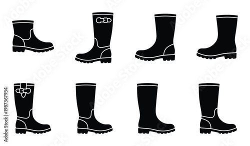 Set of black rubber boots for outdoor activities and rainy weather protection isolated on transparent background
