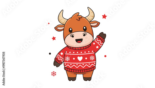 A cartoon bull wearing a red Christmas sweater and waving happily