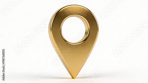  features a 3D-rendered, gold-colored location pin icon set against a plain white background. The pin is stylized with a smooth, metallic